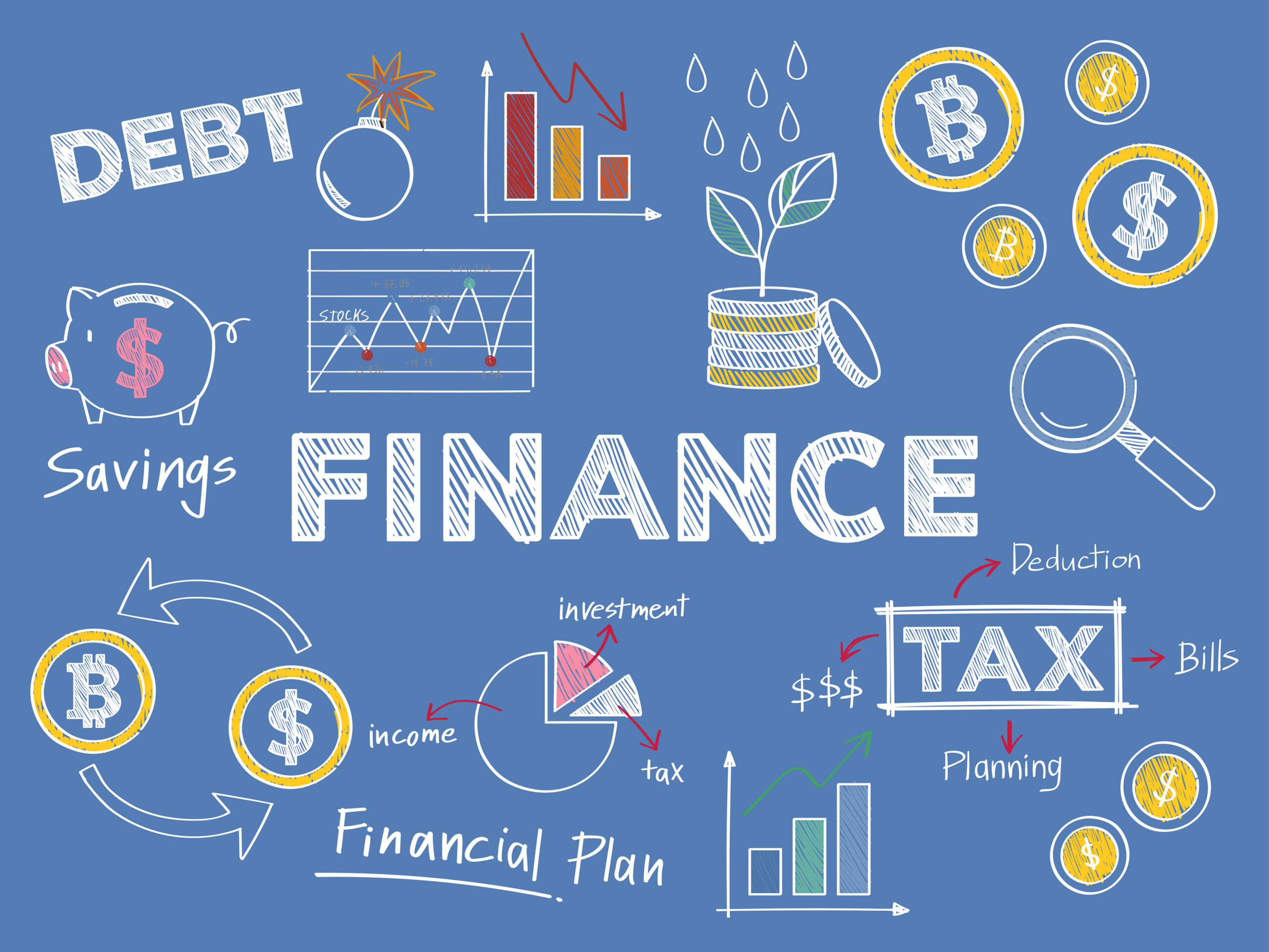 a blue background with white text and symbols, Financial Planning